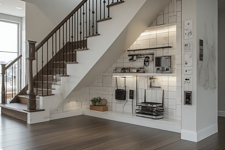 Tech friendly smart home hub under stairs design