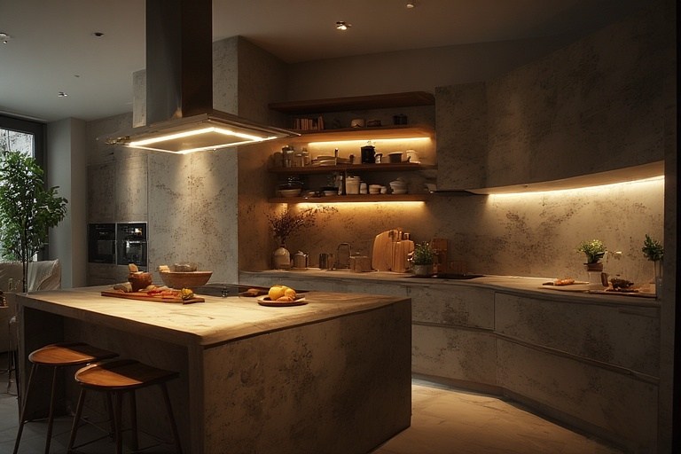 Functional simple kitchen design with smart task lighting and reflective glossy tiles.