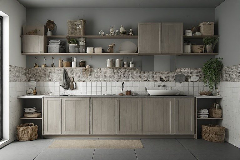 Organized wash area design with smart storage and coordinated tiles.