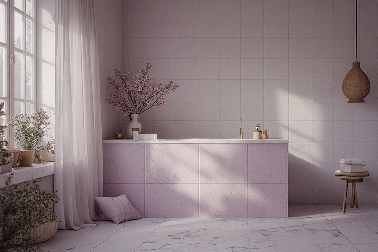 Soft Lilac and Matte White Tiles for a Cosy Feel