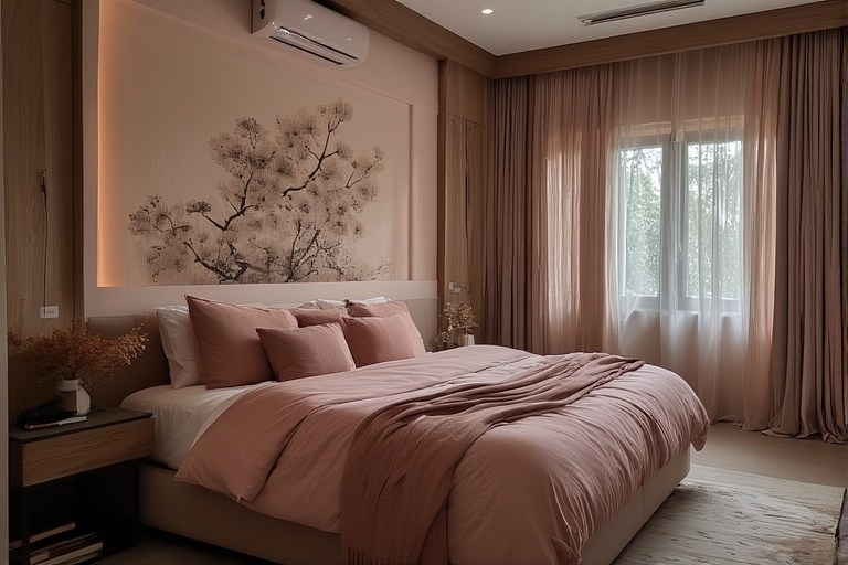 Soft mauve and peach purple two colour combination for bedroom walls for a subtle, warm feel