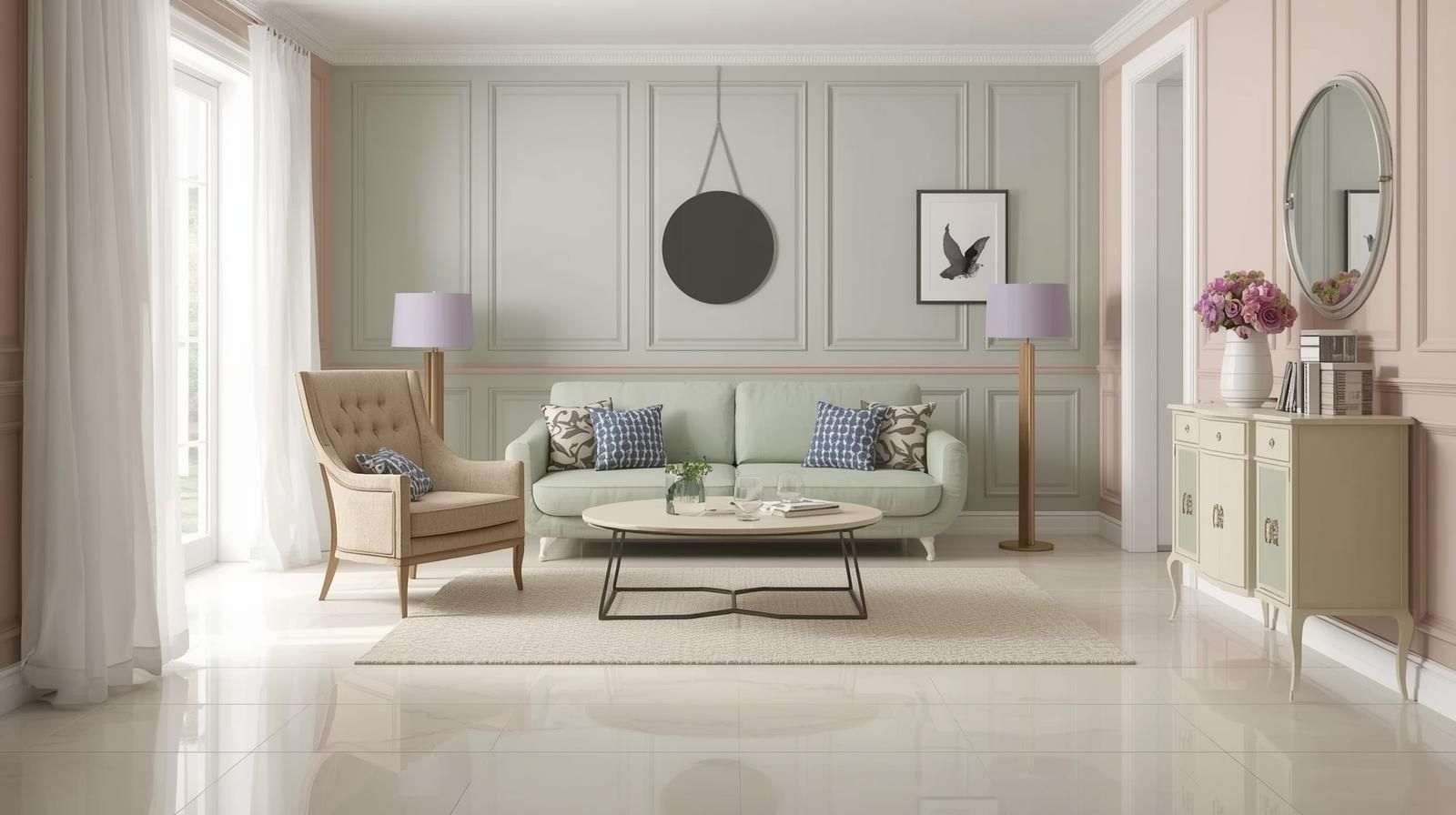 Soft Pastel Walls with Glossy Ivory Tiles