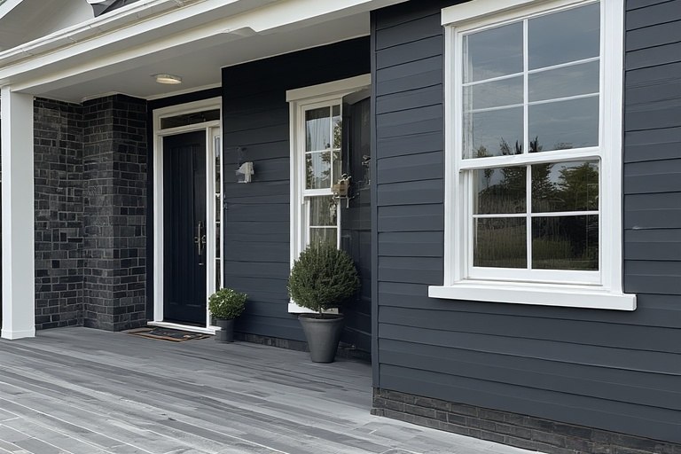 Sophisticated charcoal and off-white best colour combination for house exterior featuring premium slate-finish tiles.