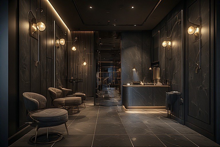 Sophisticated dark tone small office interior design with metal accents