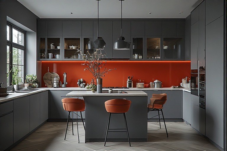 Grey kitchen colour combination featuring vibrant backsplash accents.