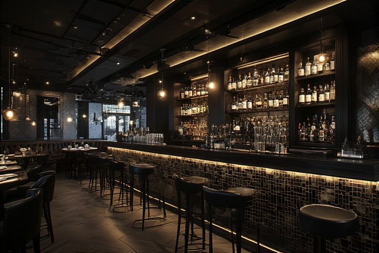Speakeasy bar restaurant design with dark metallic accent tiles