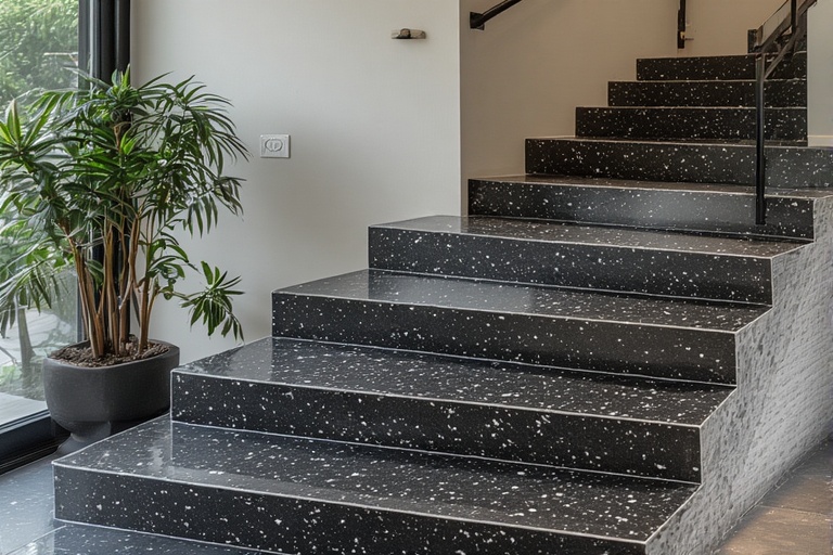 Speckled Black and White Granite Block Stairs for Textured and Timeless Staircases