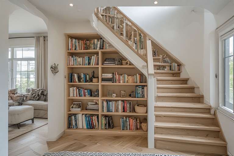 Small Space Stairs Design with Bookshelf Integration