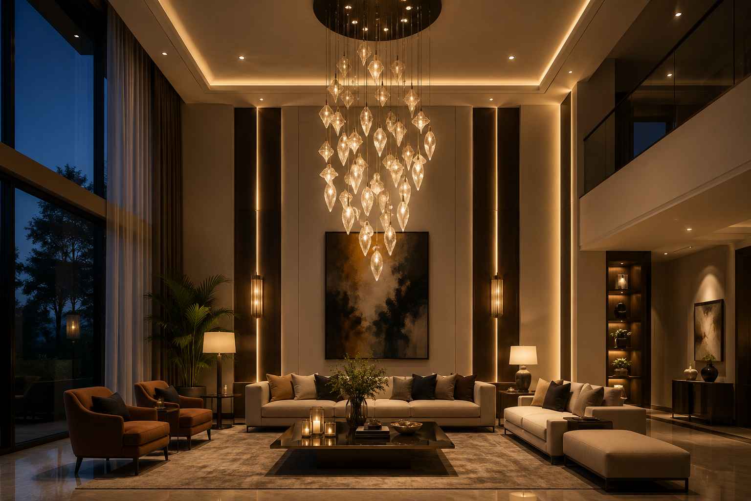 Double Height Living Room with Layered Lighting