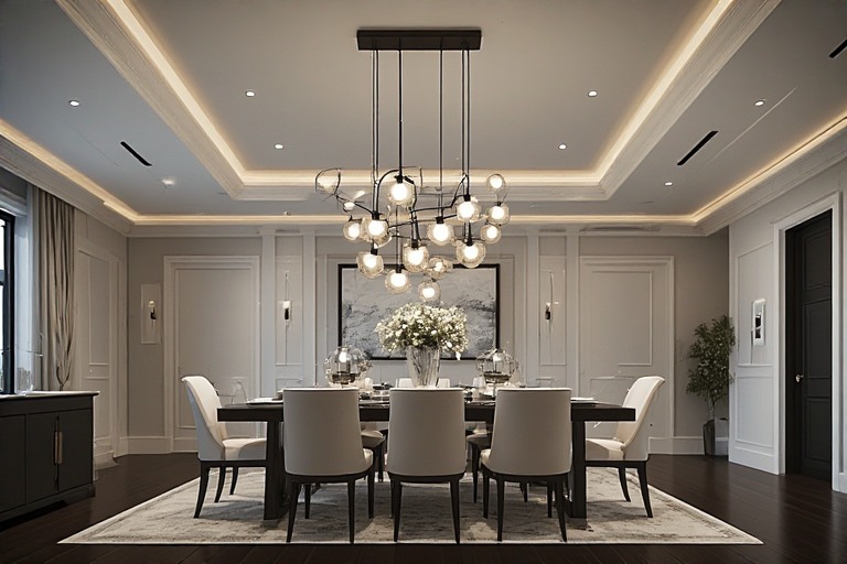 Dining Hall Design with Statement Lighting Centerpiece