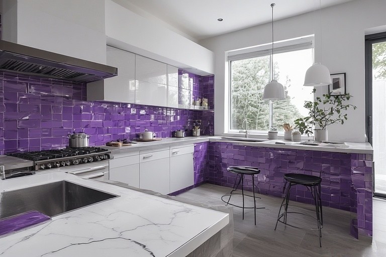 Statement Purple Backsplashes with Crisp White Walls