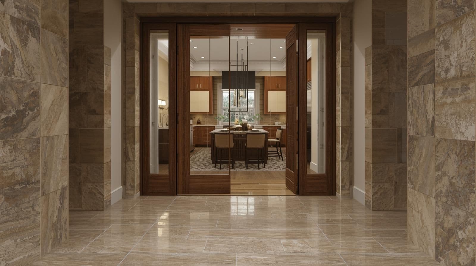 Statement Wooden Door Entrances with Stone-Textured Tiles.