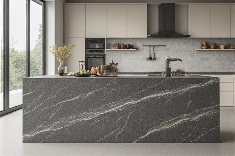 Steel grey kitchen granite slab with wave patterns