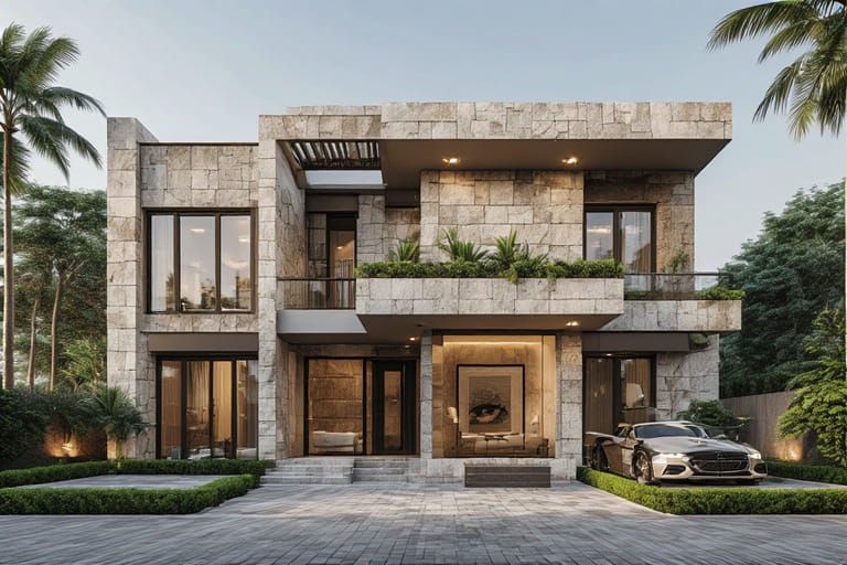 Stone Cladding Duplex Front Elevation Design