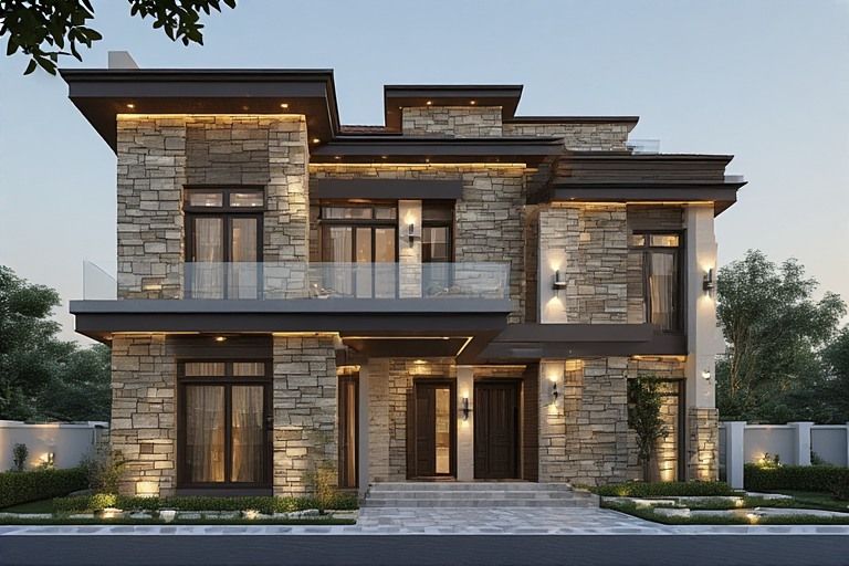 Stone look double floor normal house front elevation designs