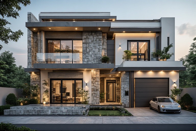 Stone and Tile Combination for Ground Floor Elevation