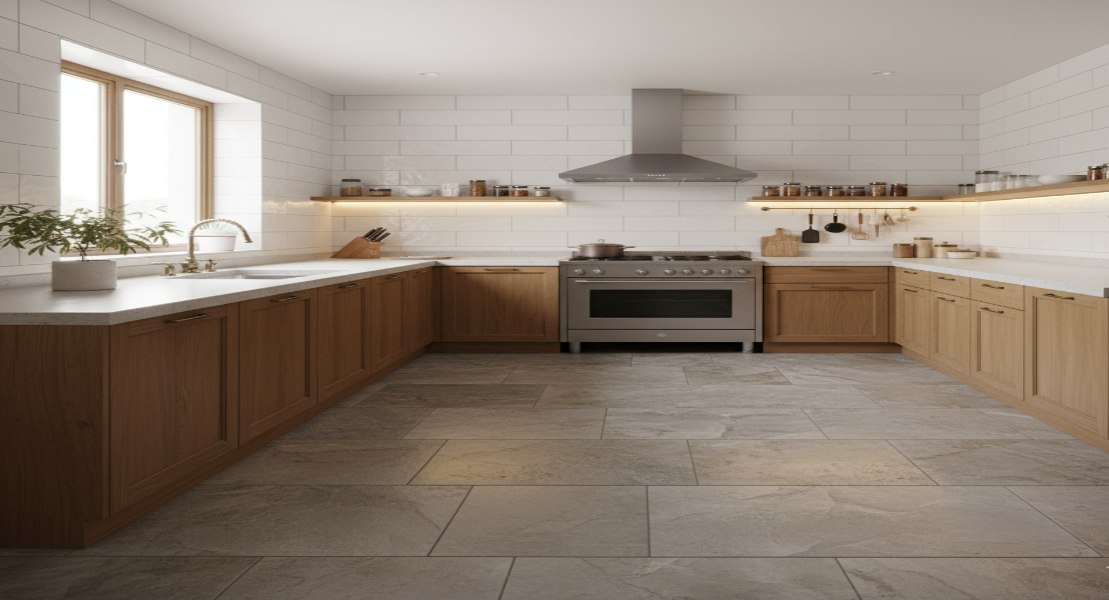 Stone-look Floors with Satin White Wall Tiles