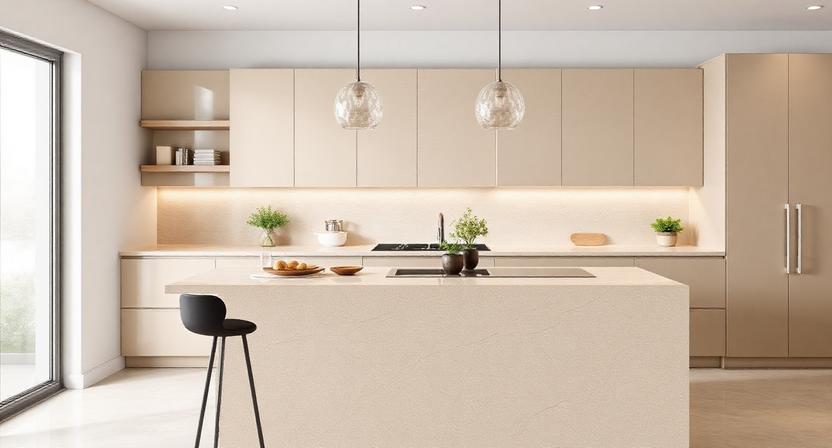 Subtle Beige Quartz Slab for Elegant and Timeless Kitchen Countertops