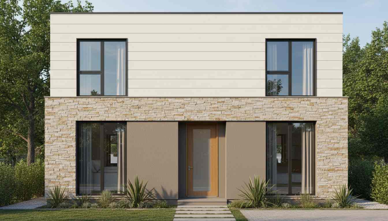 Colour blocking double floor normal house front elevation designs