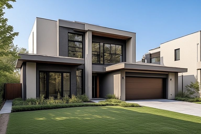 Subtle greige and dark brown best colour combination for house exterior for a sophisticated modern facade.