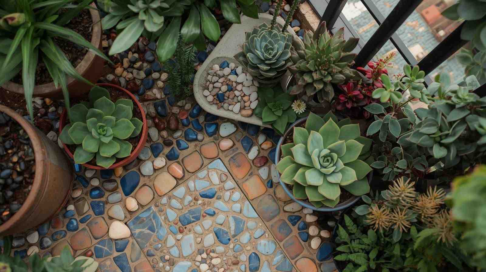 Succulent Corner with Pebble and Mosaic Tiles