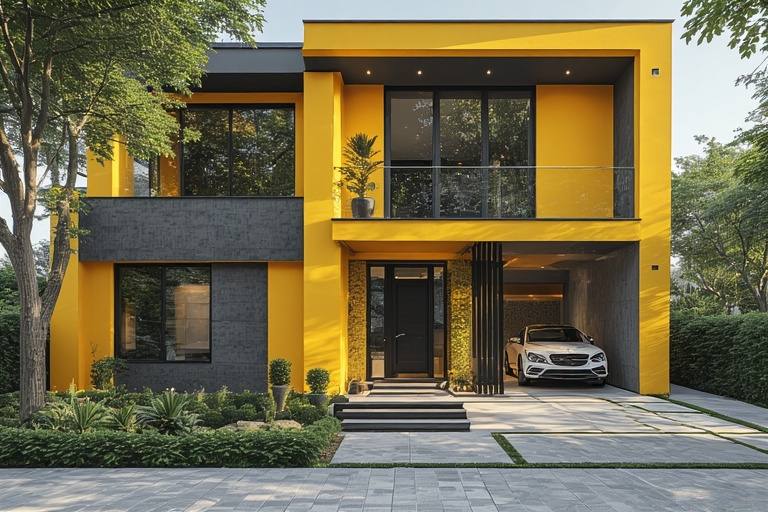 Sunny yellow and balanced grey best colour combination for house exterior with grey textured elevation tiles.