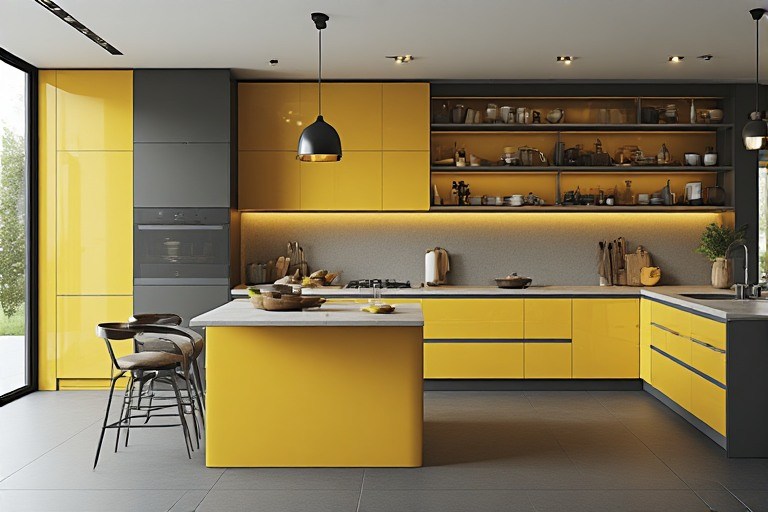 Yellow and muted grey kitchen colour combination