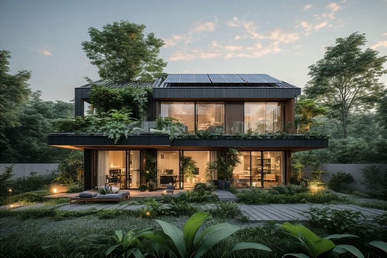 Eco-friendly contemporary house design with sustainable materials and solar