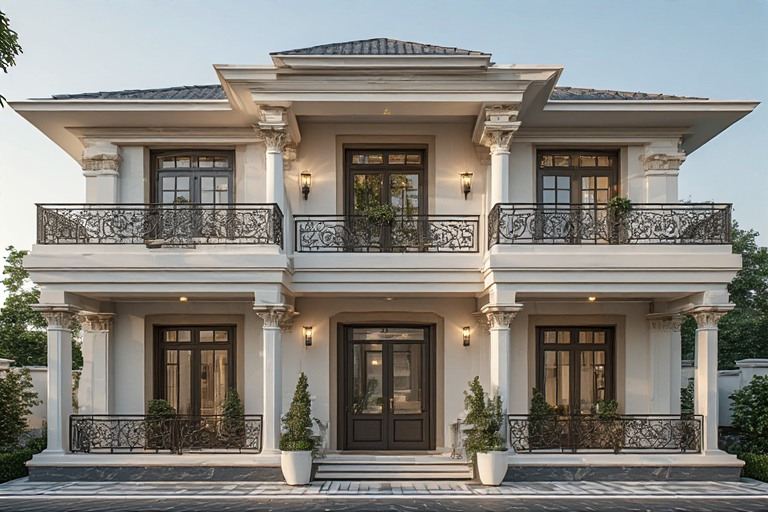 Symmetrical classical double floor normal house front elevation designs