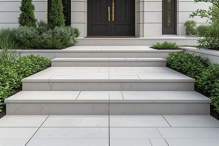 Symmetrical outside entrance stairs design with landscaping