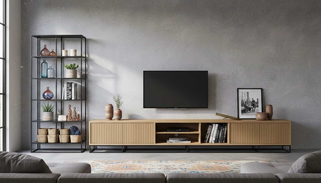 Versatile TV cabinet design for hall and bedroom featuring integrated interior shelves