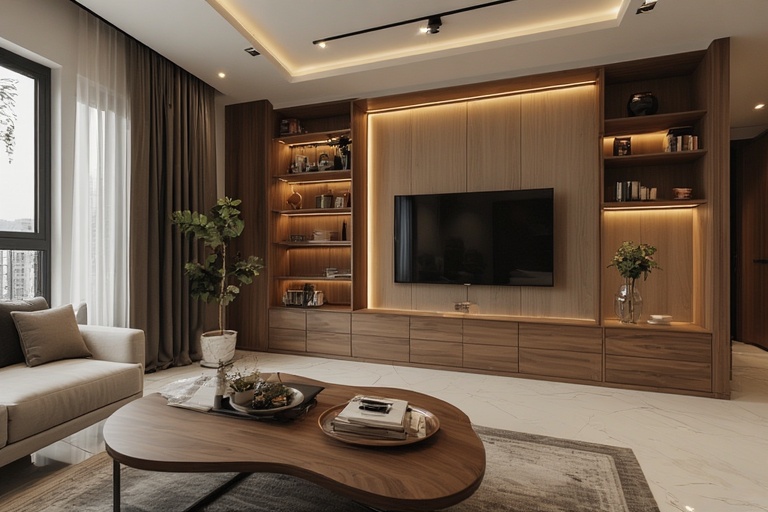 TV Unit Integrated Showcases with Matte and Wooden Veneers for Stylish Interiors