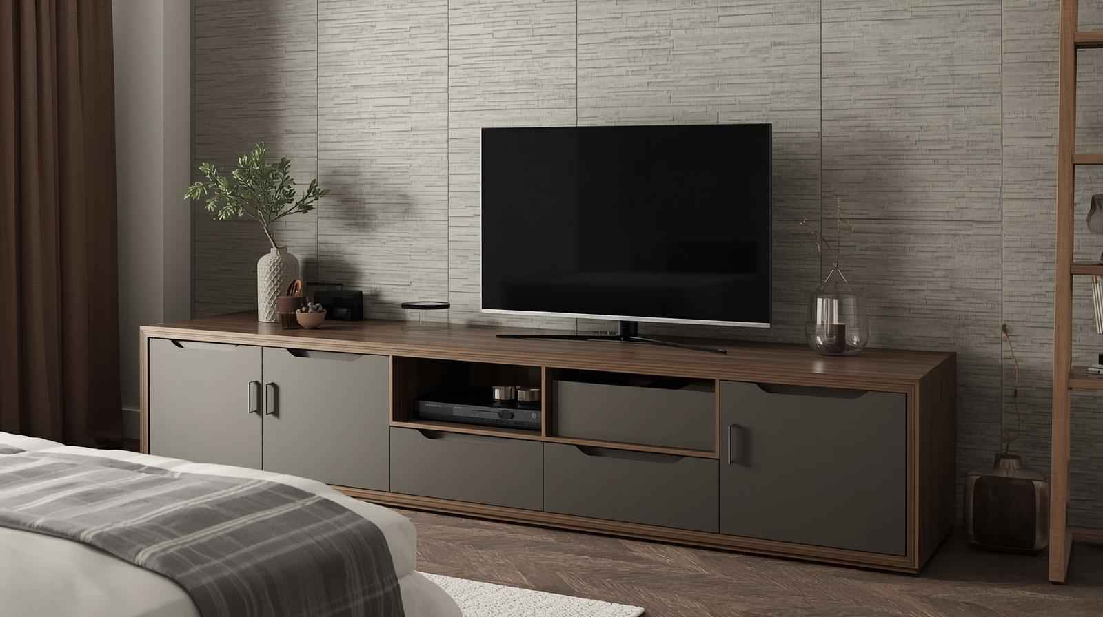 TV Unit with Integrated Storage Drawers for Clutter-Free Bedroom Interiors