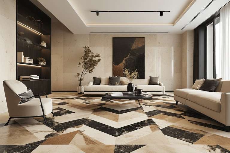 Tan Brown & Black Granite Geometric Mix – Bold, Patterned & Modern Flooring Style