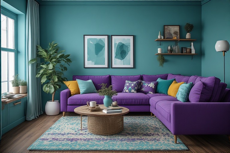 Teal & Purple colour combination for living room