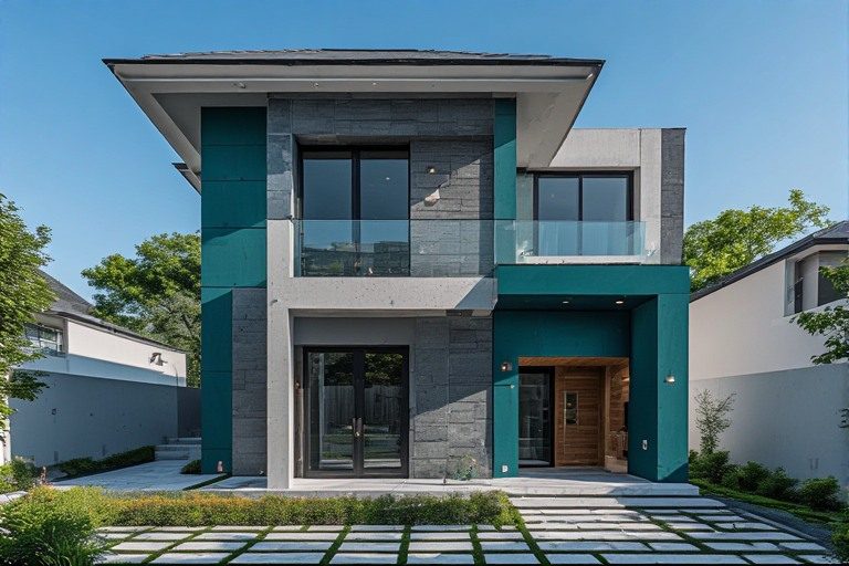 Modern teal and grey exterior colour combination for accent walls