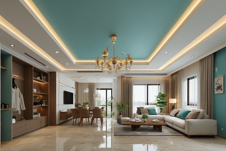 Teal and White POP Ceiling Design for Stylish and Modern Living Rooms