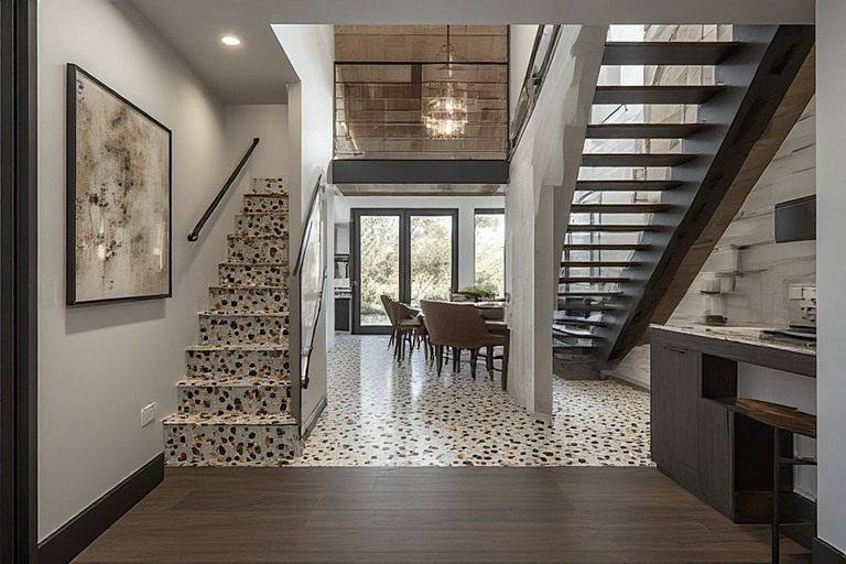 Terrazzo inspired non slip rough tiles for stairs