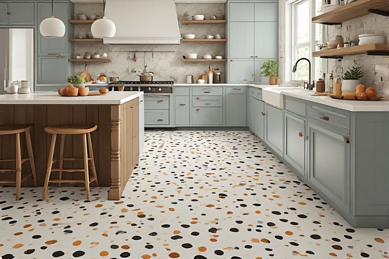Playful speckled terrazzo kitchen floor ideas with modern strength