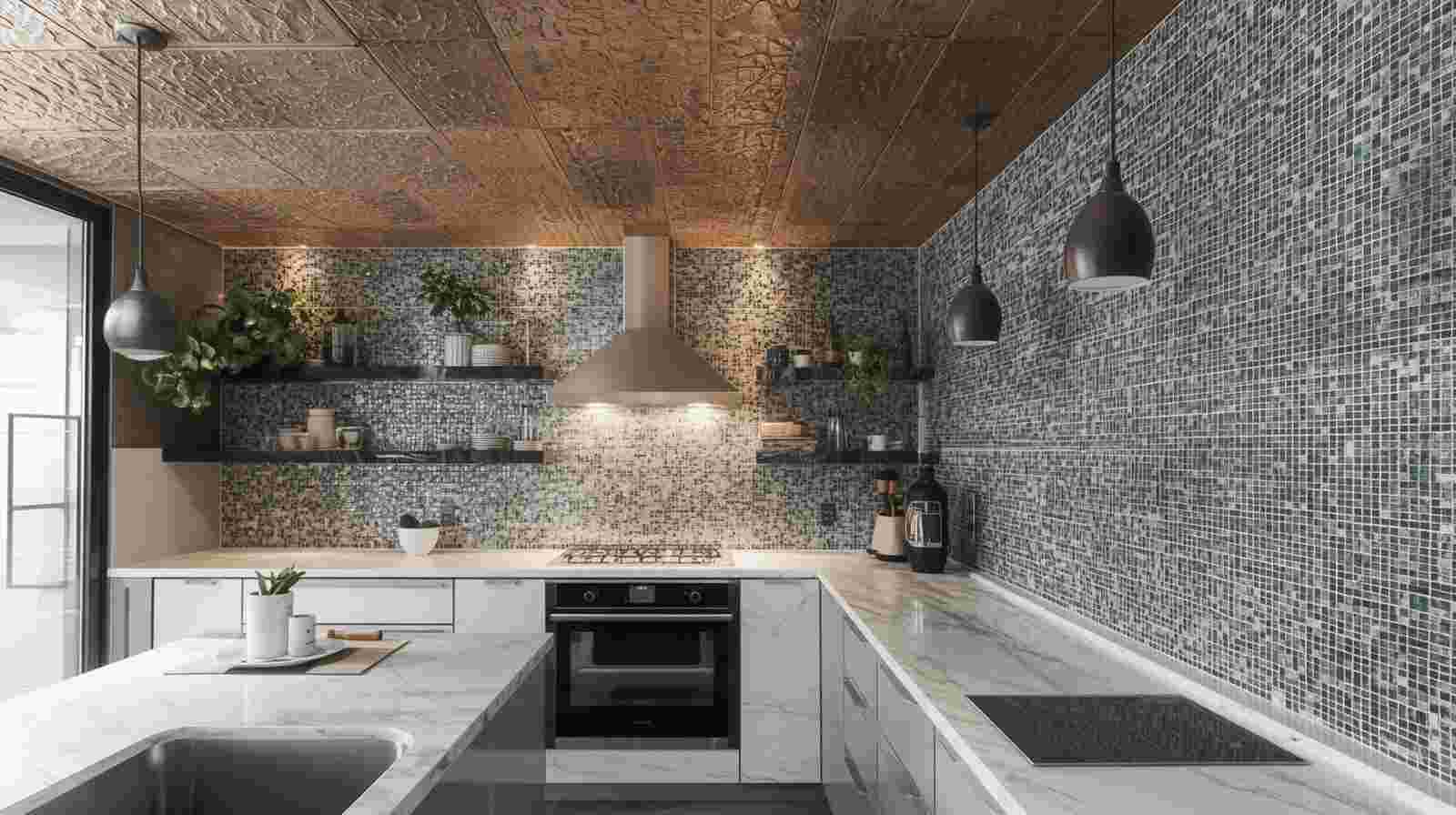 Textured ceiling tiles with mosaic wall tiles create a rich and artistic visual statement for interiors.