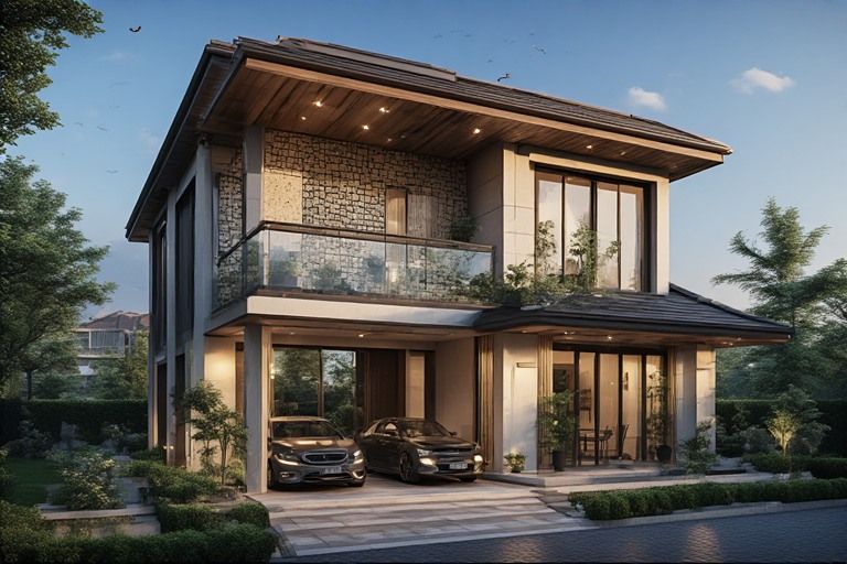 Textured feature wall double floor normal house front elevation designs