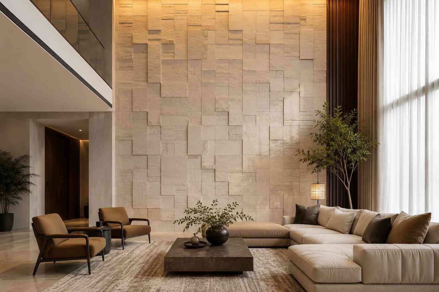 Double Height Living Room with Textured Feature Walls