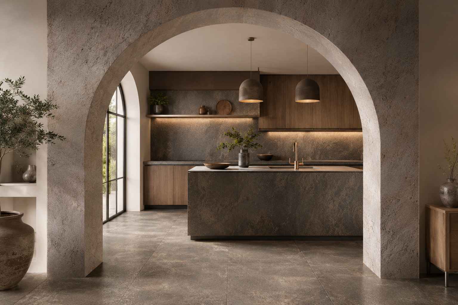 Textured finish kitchen arch design
