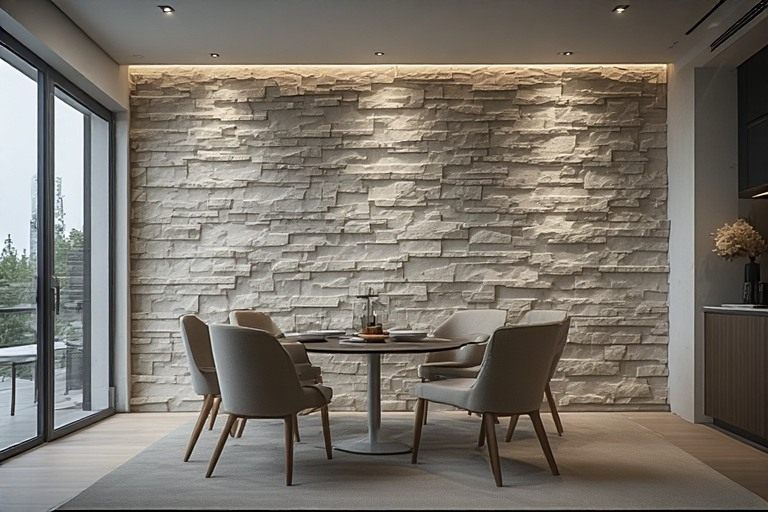 Contemporary house design with textured feature walls and decorative tiles