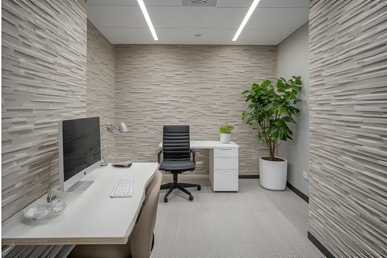 Textured wall small office interior design for visual depth
