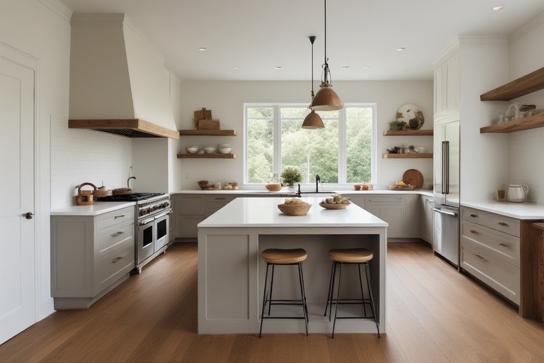 Modern minimalist island simple kitchen design with clean lines and smooth surfaces.