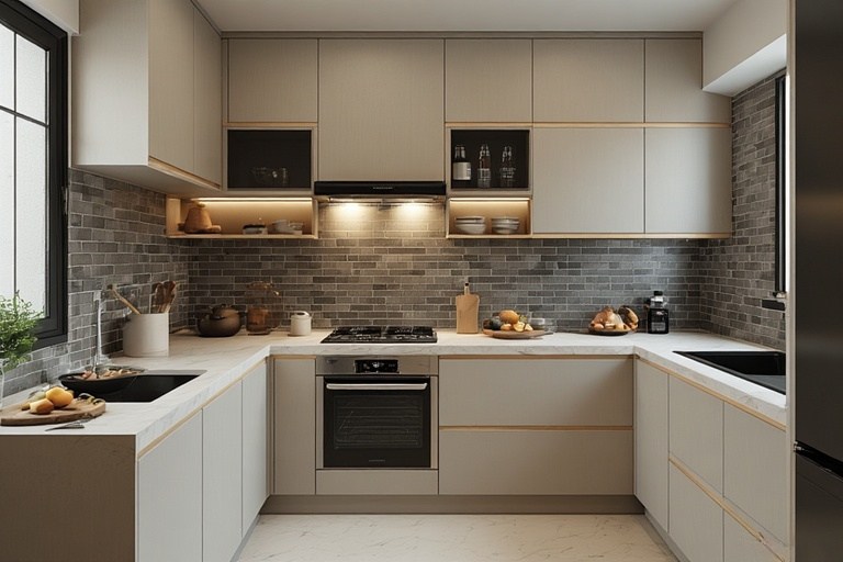 Simple kitchen design for compact homes featuring a single wall layout and polished wall tiles.