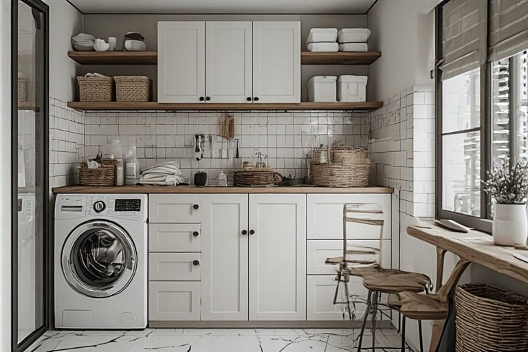 Integrated laundry pantry wash area design for smart organization.