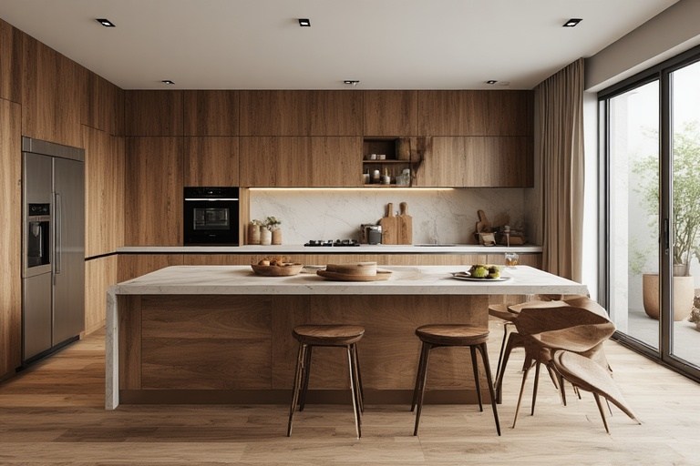 Timeless simple kitchen design using wood-look tiles for a warm, durable finish.