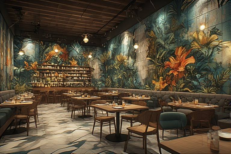 Themed restaurant design using custom digitally printed tiles